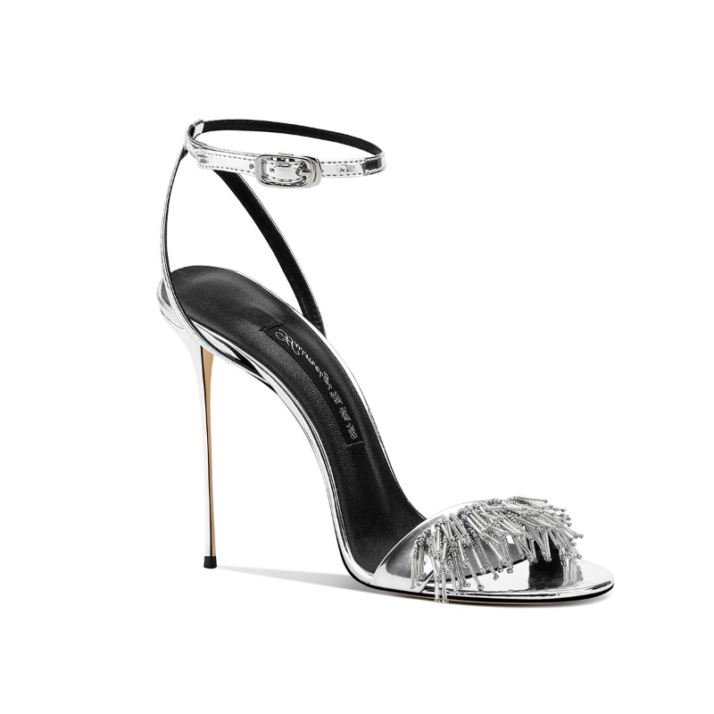 Wedding Super - Gümüş Stiletto Topuklu Kadın Yaz Sandalet