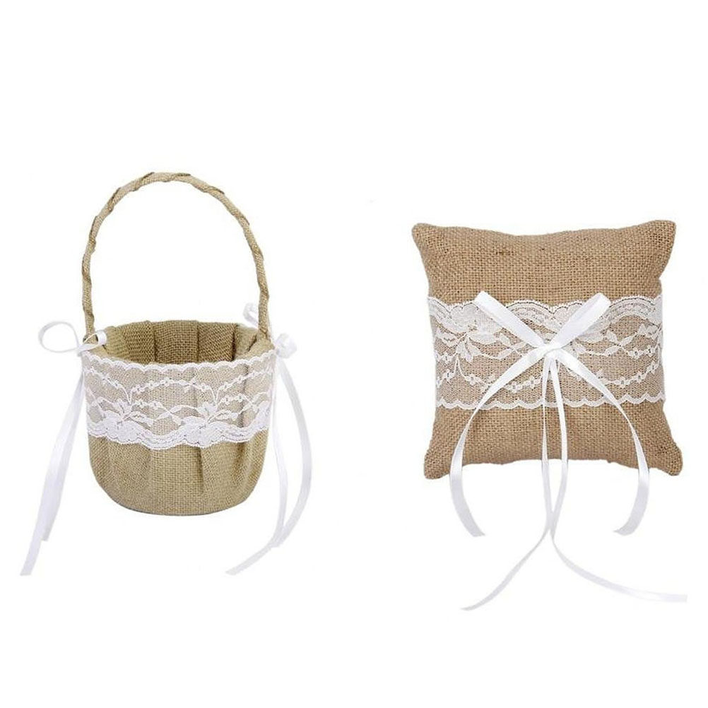 Ring Bearer Pillow - 6'lı Set Çuval Bezi Jüt Dantel